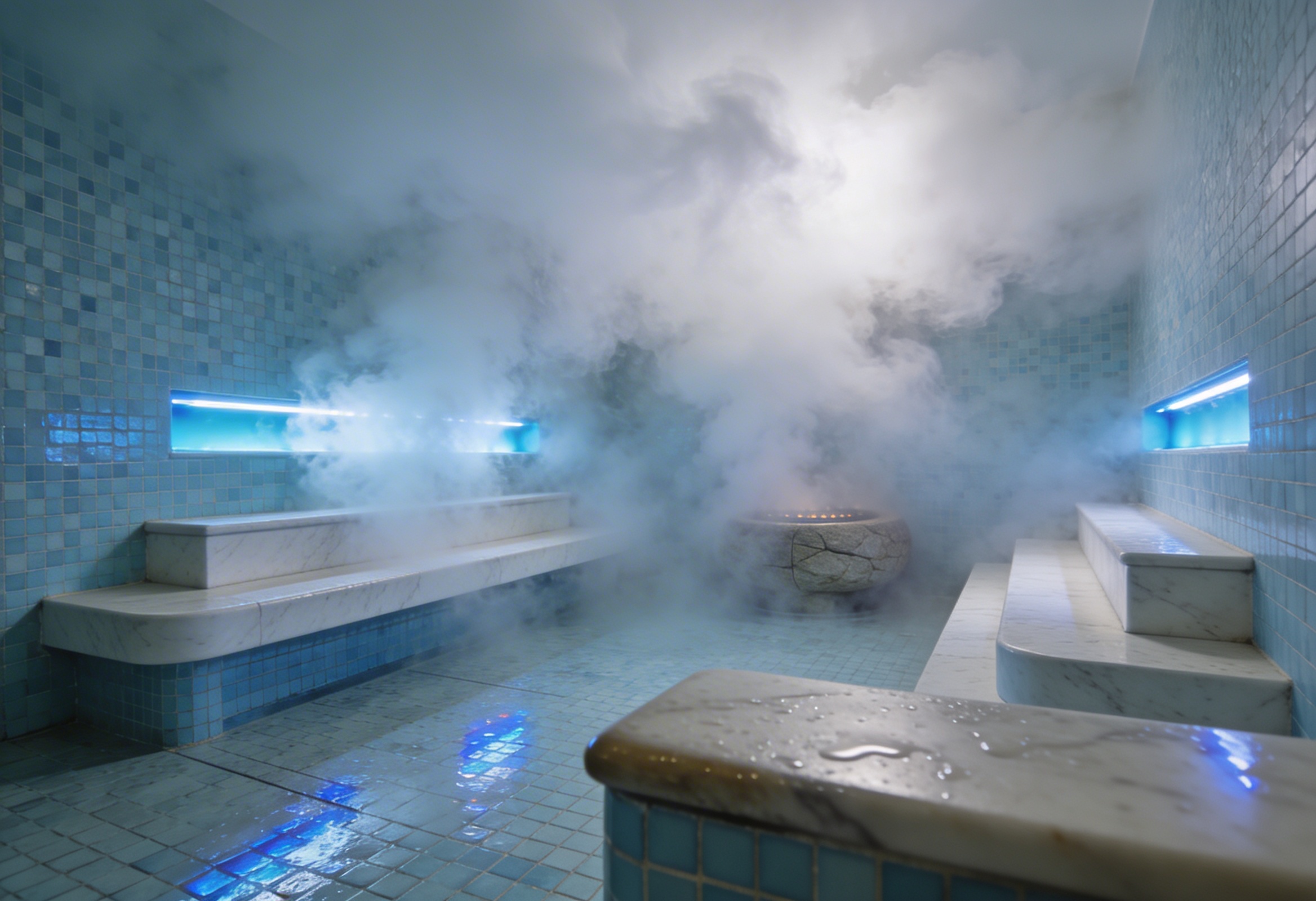 Buharlı ısıtma odası içi yoğun beyaz buharla dolu