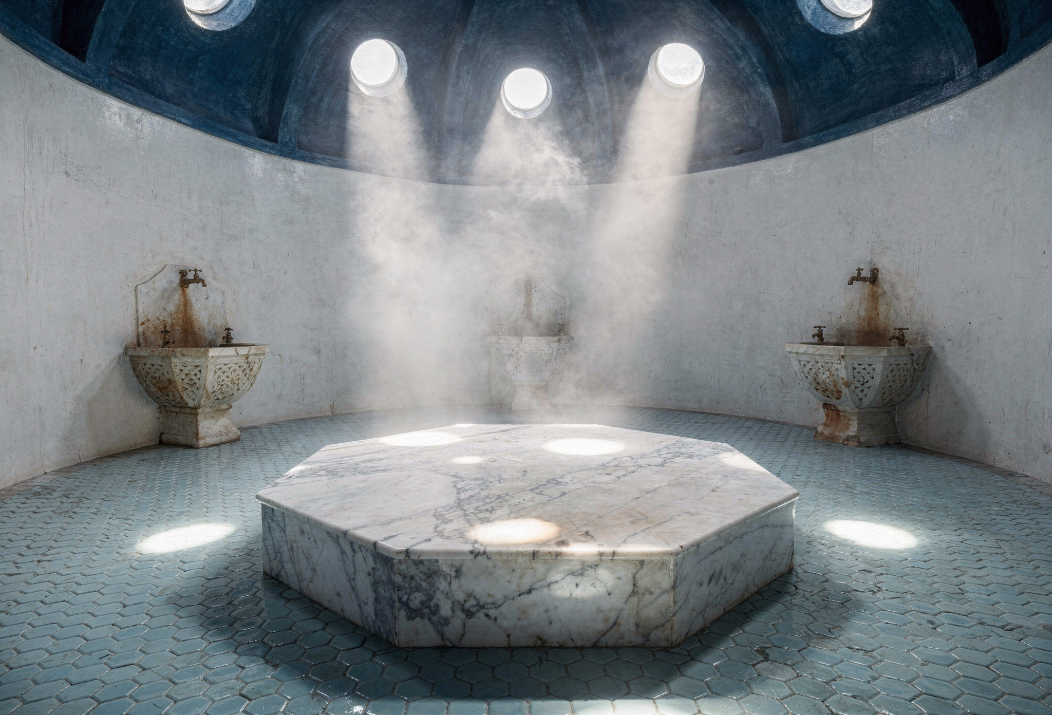 Geleneksel Türk hamamı göbek taşı mermer platformu