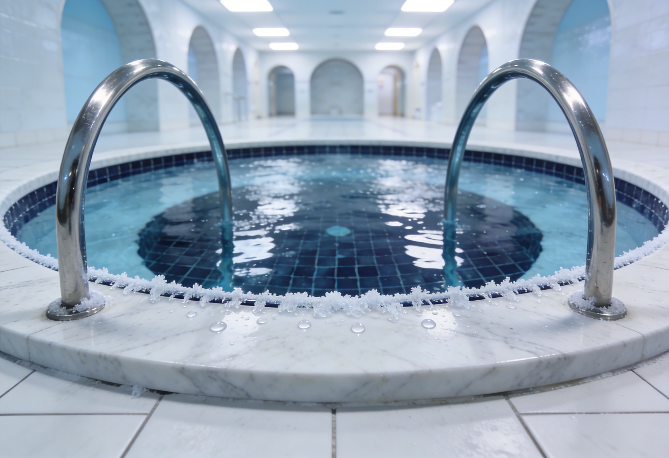 Soğuk dalma terapisi havuzu berrak suyla ve çelik merdiven